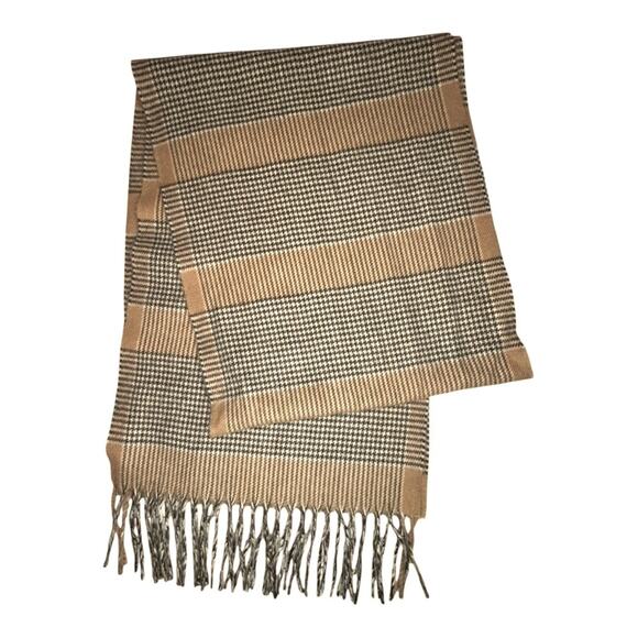 Made In Scotland Cashmere houndstooth brown and tan tasseled scarf. 12x66 - Picture 1 of 4